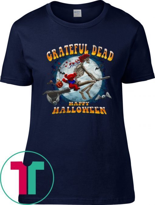 Happy Halloween Skeleton And Bear Riding Broomstick Grateful Dead T-Shirt