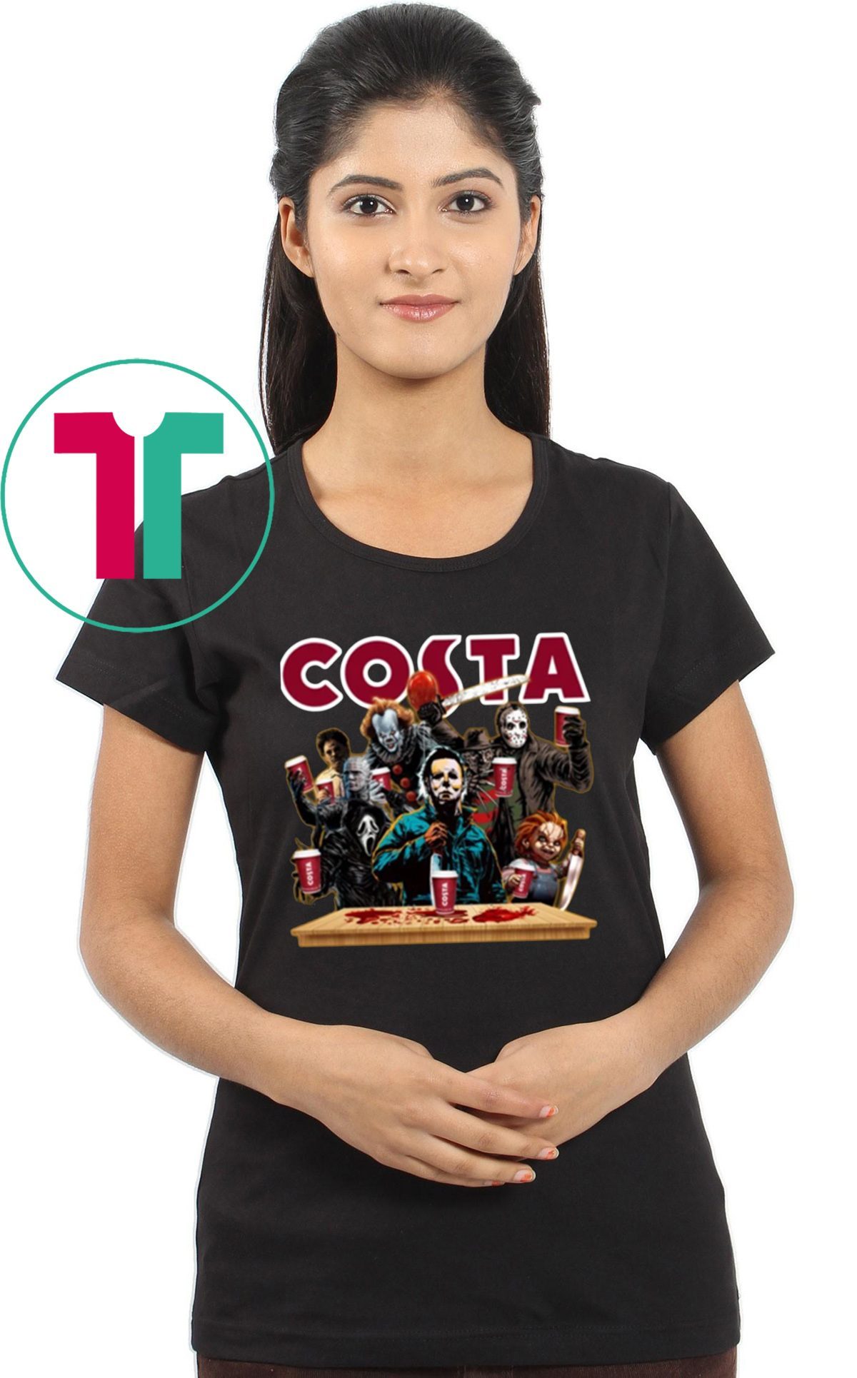 Horror Characters Drinking Costa T-shirt Funny Halloween Gift