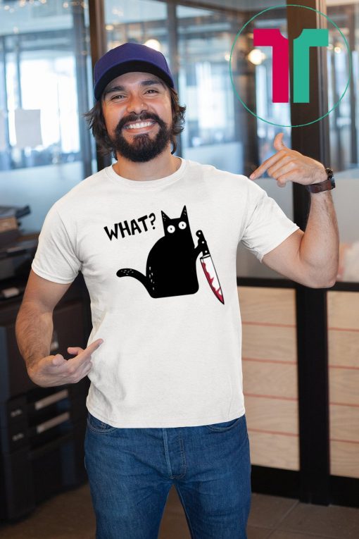 What Black Cat Holding Knife Funny Halloween T-Shirt