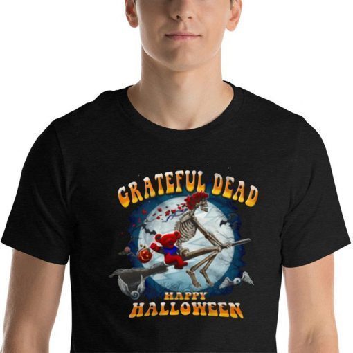 Happy Halloween Skeleton And Bear Riding Broomstick Grateful Dead T-Shirt