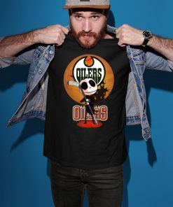 Jack Skellington Holding Hockey Stick Edmonton Oilers T-Shirt