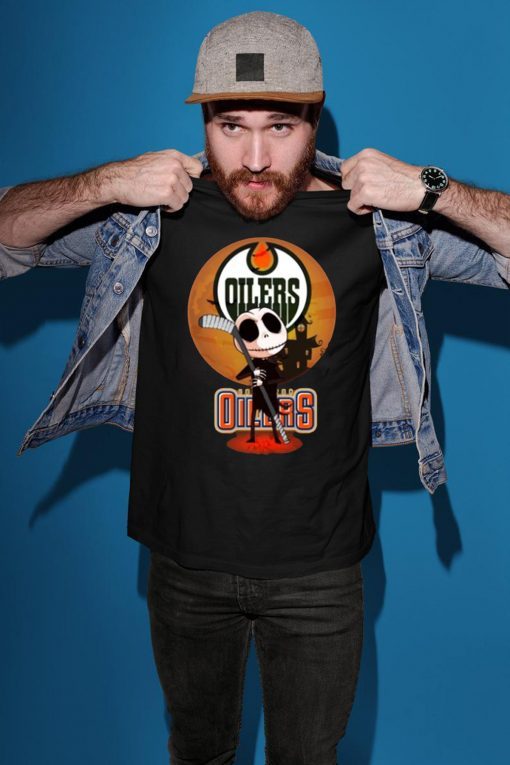 Jack Skellington Holding Hockey Stick Edmonton Oilers T-Shirt