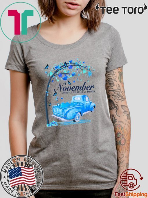 November Diabetes Awareness Month Blue Ribbon Truck Tree 2020 T-Shirt