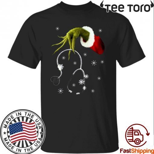 Grinch hand holding stethoscope Christmas Offcial T-Shirt