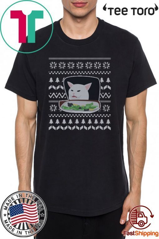 Cat At Dinner Table Ugly Christmas Shirt Smudge Lord The Cat Meme