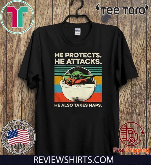 Baby Yoda He protects he attacks he also takes naps Star Wars retro Unisex T-Shirt