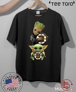 Baby Yoda and Baby Groot hug Boston Bruins Tee Shirt