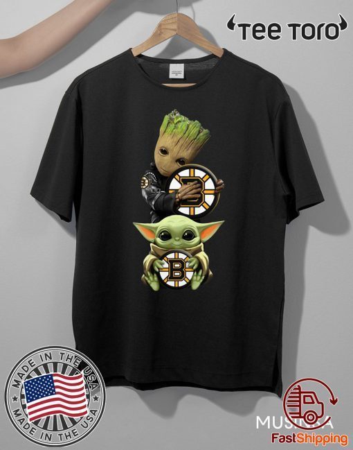 Baby Yoda and Baby Groot hug Boston Bruins Tee Shirt