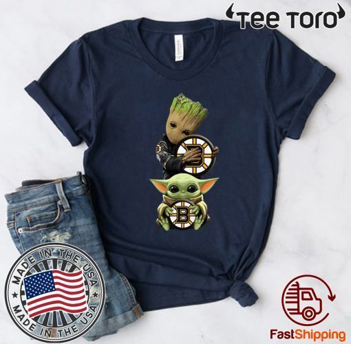 Baby Yoda and Baby Groot hug Boston Bruins Tee Shirt