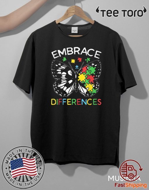 Embrace Differences Autism Butterfly Puzzle Piece Tee Shirt