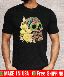 Yellow Floral Black Sugar Skull Day Of The Dead Tee Shirts