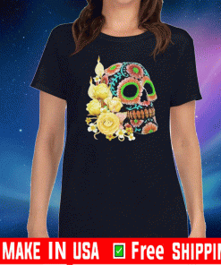 Yellow Floral Black Sugar Skull Day Of The Dead Tee Shirts