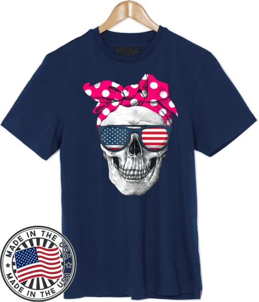 Womens American Skull Women's Pride With Cute Pink Polka Style Gift T-Shirt