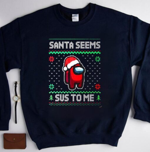 Among Game Us Christmas Shirt, Santa Seems Sus To Me, Crewmate Or Impostor Shirt, Gamer Christmas Gift Shirt