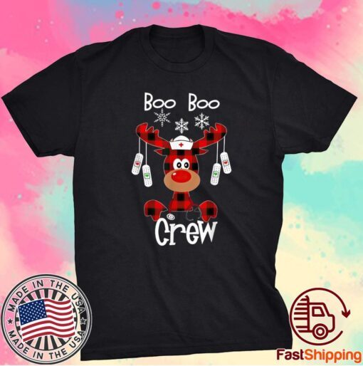 Funny Cute Reindeer Buffalo Plaid Boo Boo Crew Nurse Shirt