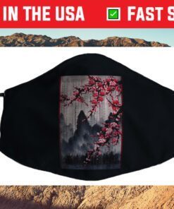 Vintage Cherry Blossom Woodblock Tee Japanese Graphical Art Cloth Face Mask