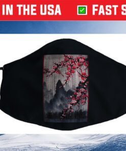 Vintage Cherry Blossom Woodblock Tee Japanese Graphical Art Cloth Face Mask