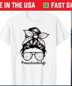 Music Teacher Messy Bun Life Hair Glasses Musical Notes Classic T-Shirt