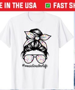 Music Teacher Messy Bun Life Hair Glasses Musical Notes Classic T-Shirt