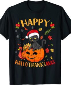 Happy HallowThankMas Black Cat Santa Hat Holiday Season T-Shirt