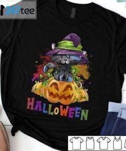 Black Cat In A Witch Hat On A Halloween Pumpkin Tee Shirt