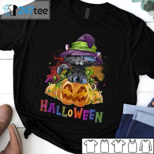 Black Cat In A Witch Hat On A Halloween Pumpkin Tee Shirt