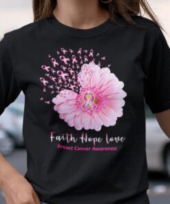 Faith Hope Love Breast Cancer Awareness Pink Daisy Flower Tee Shirt