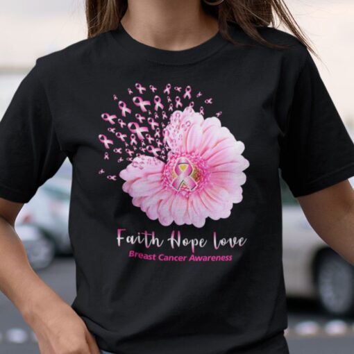 Faith Hope Love Breast Cancer Awareness Pink Daisy Flower Tee Shirt