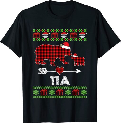 Funny Tia Bear Santa Red Plaid Family Pajamas For Christmas T-Shirt