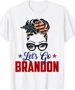 Messy Bun Bleached American Flag Let's Go Brandon Tee Shirt