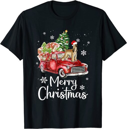 Afghan Hound Riding Red Truck Xmas Merry Christmas Tee Shirt