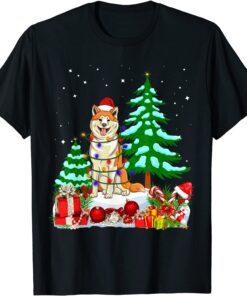 Akita Dog Wearing Christmas Hat Tree Lights Tee Shirt