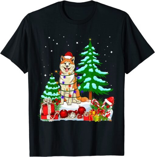 Akita Dog Wearing Christmas Hat Tree Lights Tee Shirt