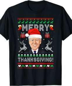 Anti Biden Merry Thanksgiving Santa Hat Ugly Christmas Tee Shirt