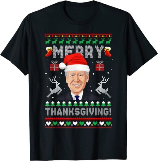 Anti Biden Merry Thanksgiving Santa Hat Ugly Christmas Tee Shirt