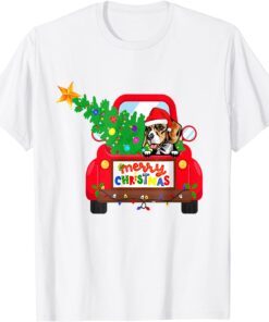 Beagle Dog Riding Red Truck Christmas Pajama Tee Shirt