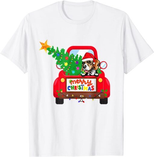 Beagle Dog Riding Red Truck Christmas Pajama Tee Shirt