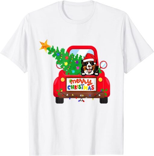 Bernese Mountain Dog Riding Red Truck Christmas Pajama Tee Shirt