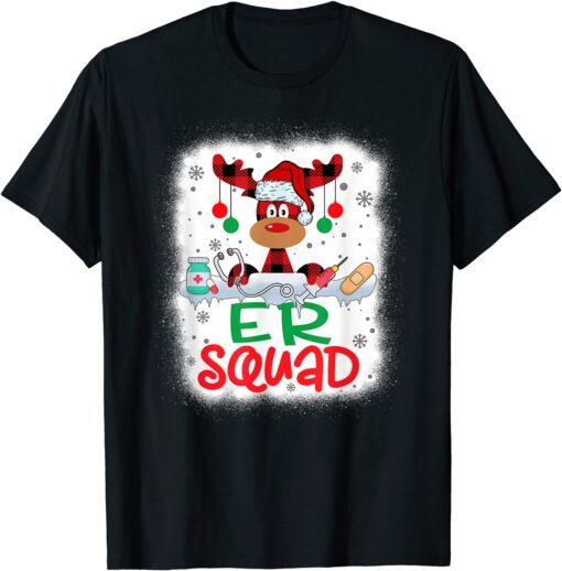 Bleached Reindeer Plaid Santa Hat ER Squad Nurse Christmas Tee Shirt