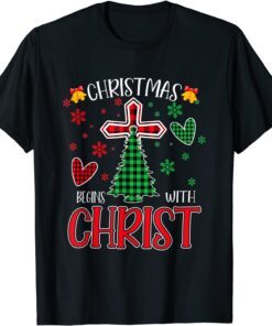 Buffalo Plaid Christian Jesus Christmas Begins With Christ Tee Shirt