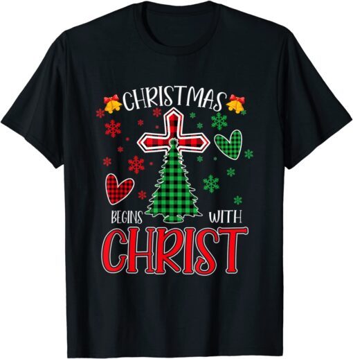 Buffalo Plaid Christian Jesus Christmas Begins With Christ Tee Shirt