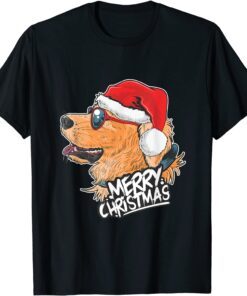 Christmas A Golden Dog Santa Hat On Xmas Tee Shirt