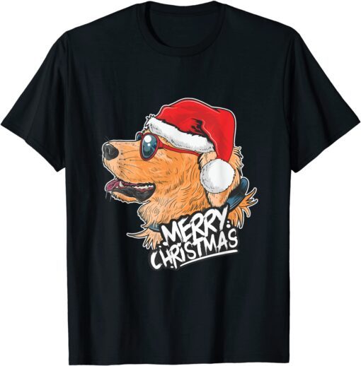 Christmas A Golden Dog Santa Hat On Xmas Tee Shirt