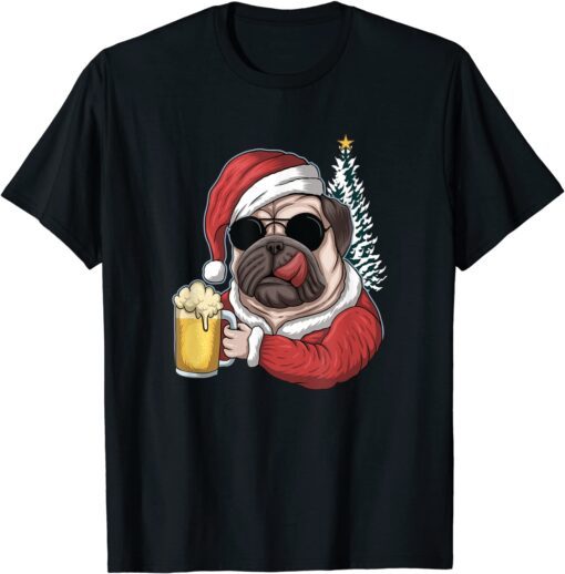 Christmas A Pitbull Dog Santa Hat And Drink Beer On Xmas T-Shirt