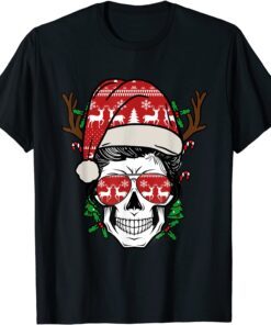 Christmas Skull Messy Bun Reindeer Santa Hat Tee Shirt