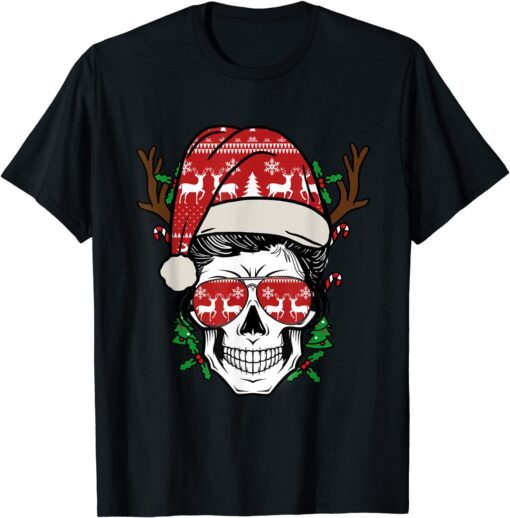 Christmas Skull Messy Bun Reindeer Santa Hat Tee Shirt