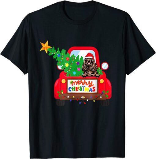 Cocker Spaniel Dog Riding Red Truck Christmas Pajama Tee Shirt