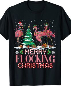 Flamingo Santa Hat Reindeer Xmas Merry Flocking Christmas Tee Shirt