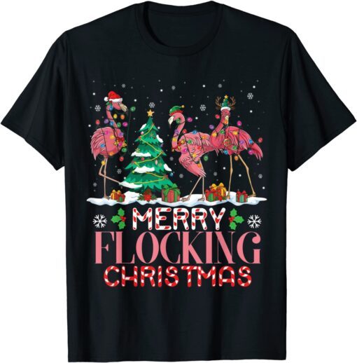 Flamingo Santa Hat Reindeer Xmas Merry Flocking Christmas Tee Shirt