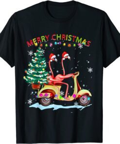 Flamingo Santa Hat Xmas Light Motobike Christmas Holiday T-Shirt